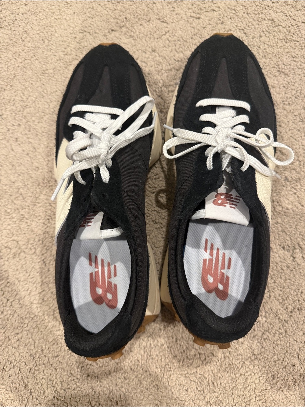 New Balance womens 325 Sneakers Black, white, and a mauve color with gum bottoms